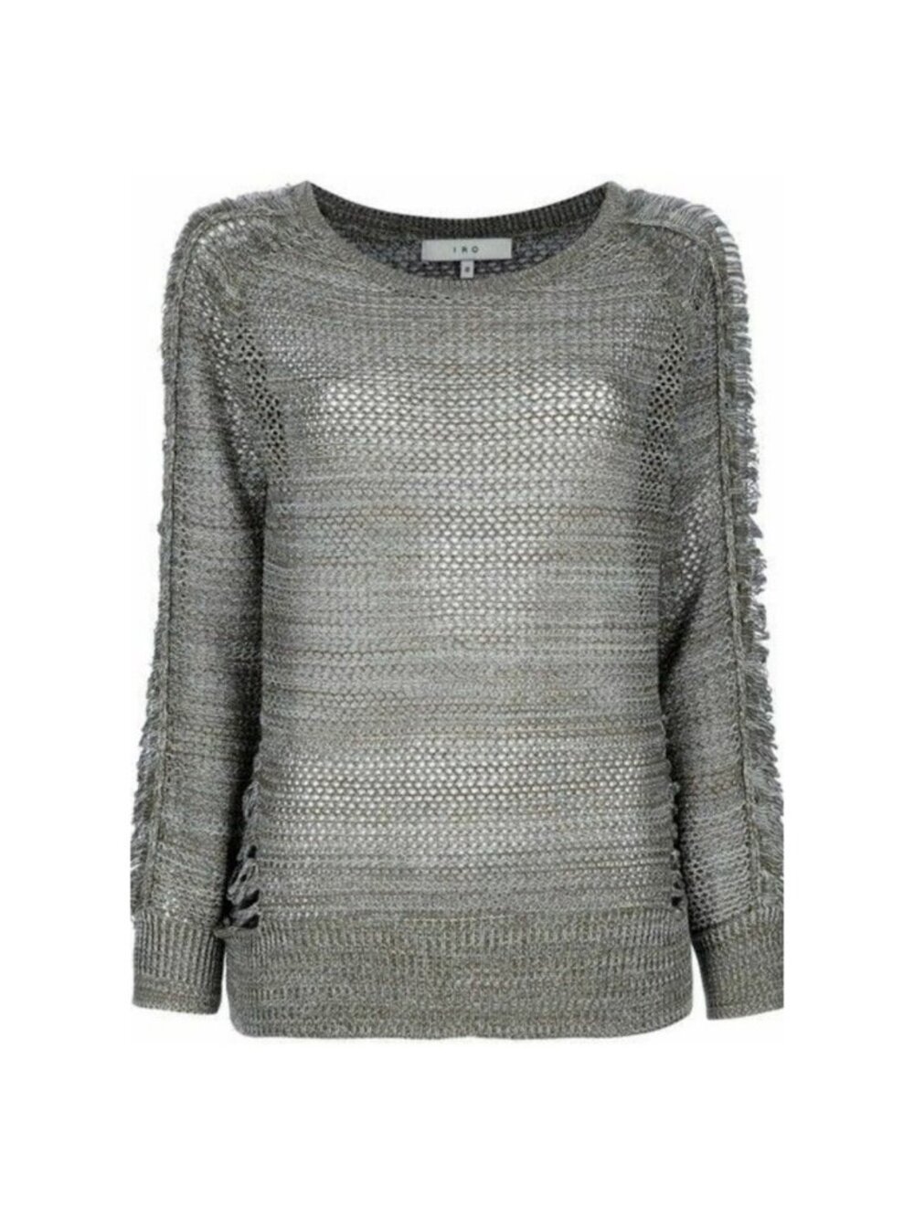 IRO Kara Gris Open Knit Cotton Sweater Silver Ribbed Trim Laddered Knit